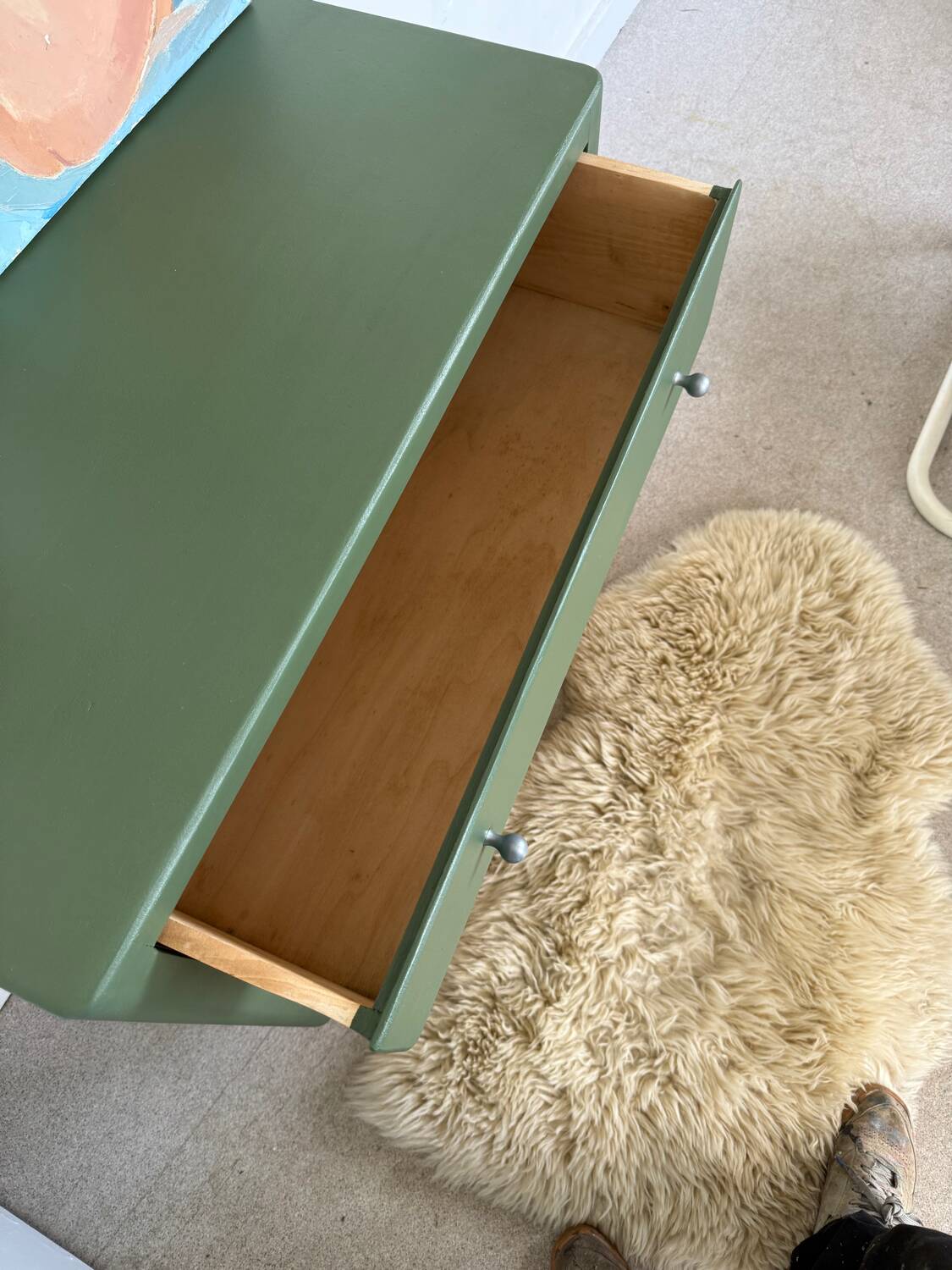 Vintage olive green chest of drawers with striped base