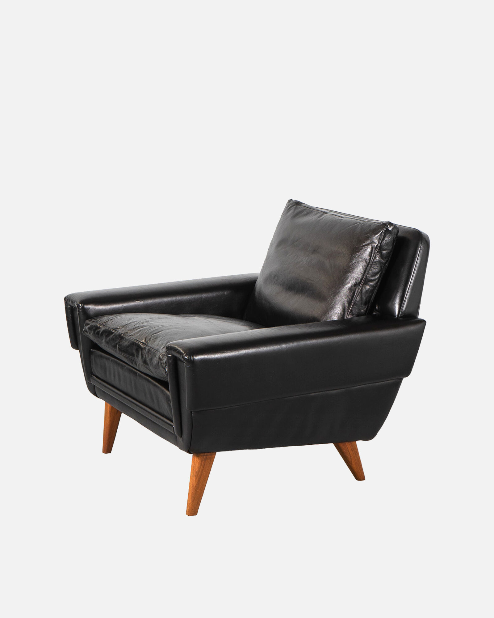 Mid Century Black Leather and Teak Scandinavian Armchair, Denmark, circa 1970