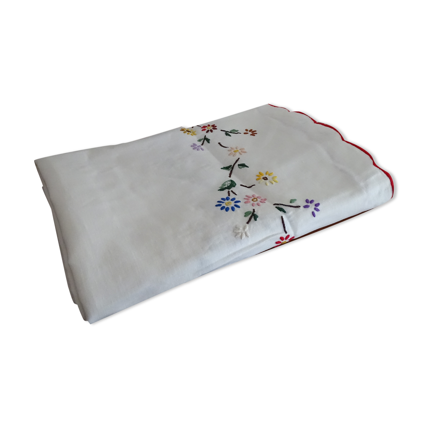 Round tablecloth embroidered hand linen mestizo 150 cm old colorful embroidery.