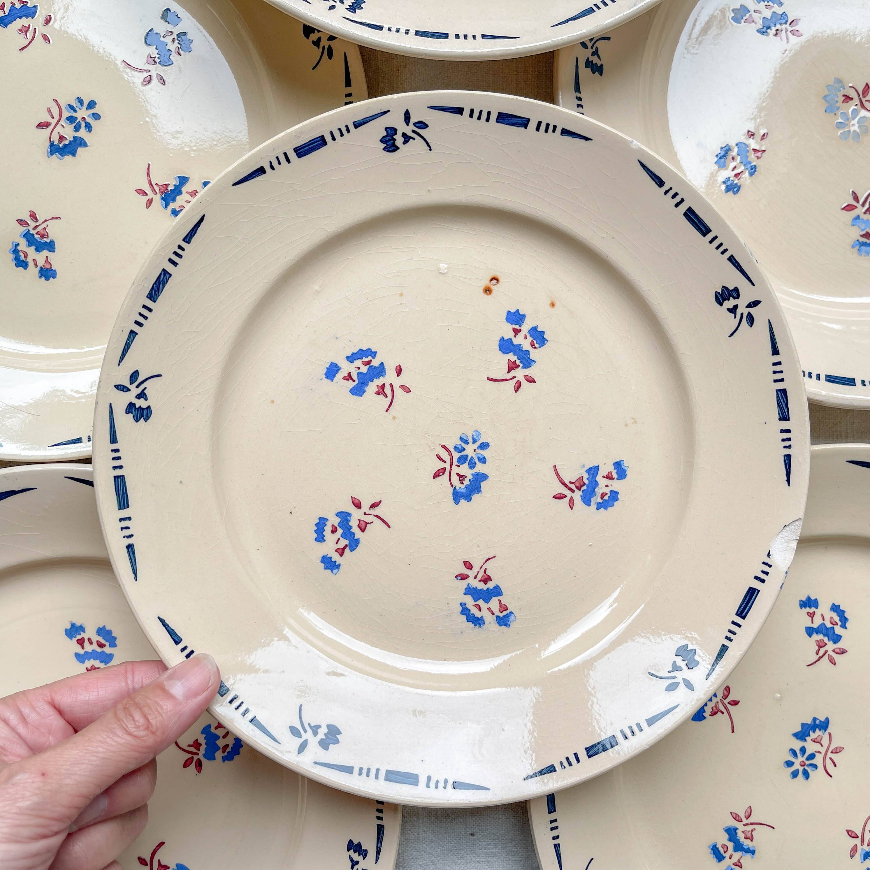 8 vintage K&G Luneville "Flore" porcelain dinner plates, 1950s, small blue flowers