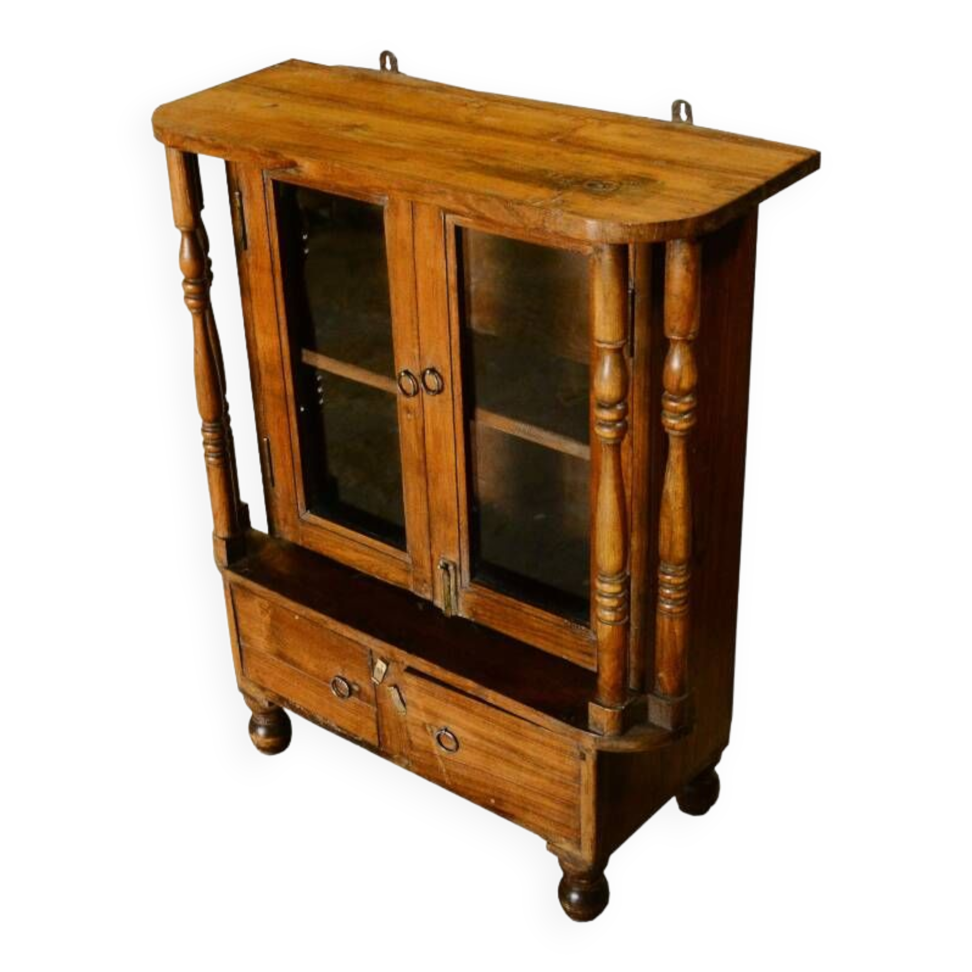 Brown jeweler's display case on legs, teak wood trade furniture, India