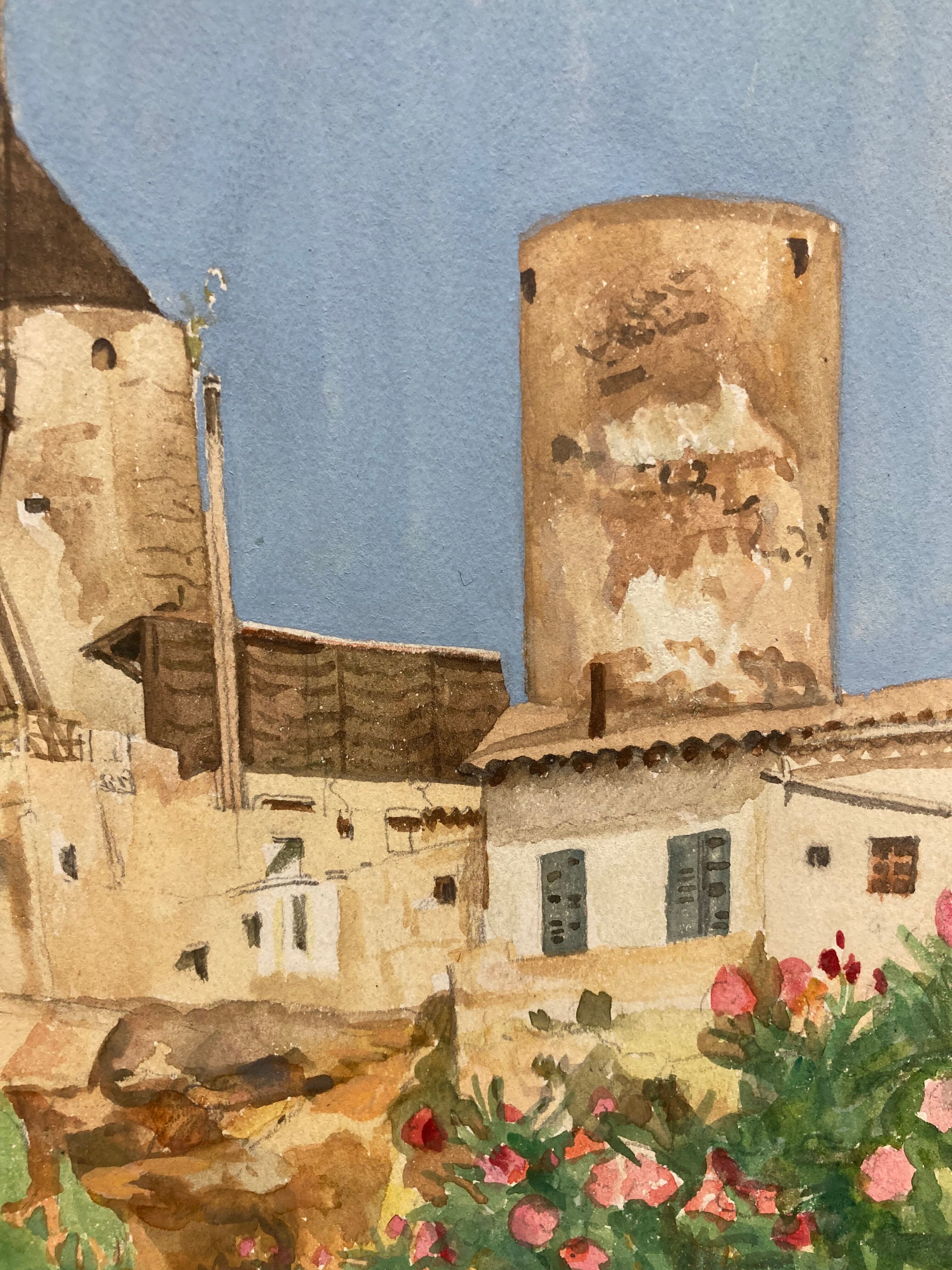 Watercolor landscape with vintage mills
