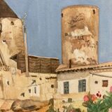Watercolor landscape with vintage mills