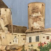 Watercolor landscape with vintage mills