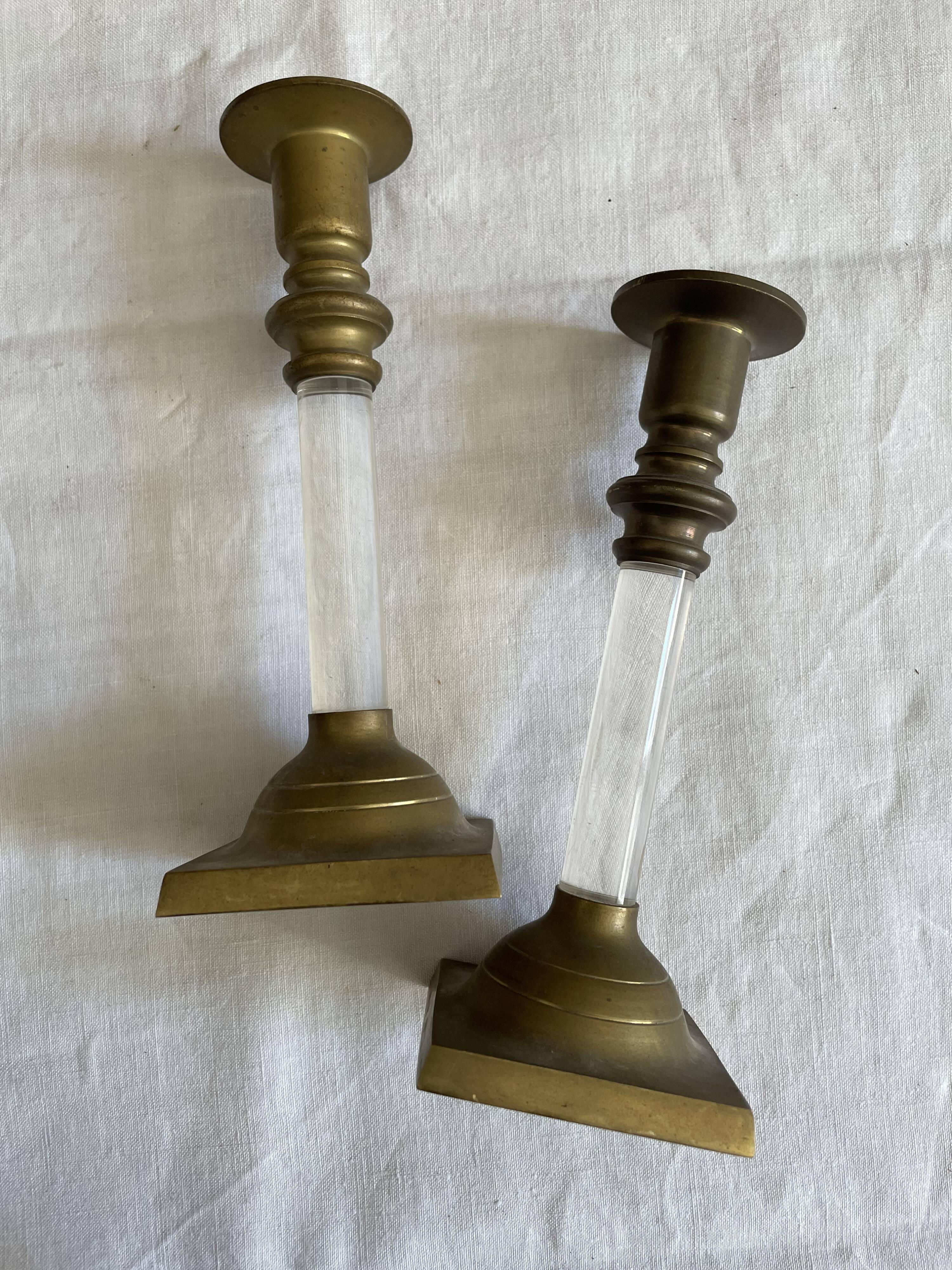 Pair of brass and plexiglass candlesticks 70s