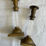 Pair of brass and plexiglass candlesticks 70s