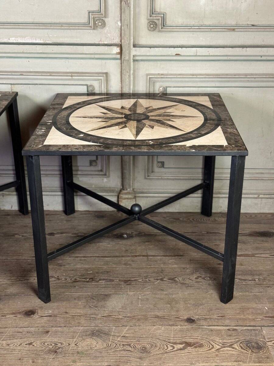 Pair of marble and metal tables, marble marquetry compass rose, circa 1990