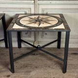 Pair of marble and metal tables, marble marquetry compass rose, circa 1990