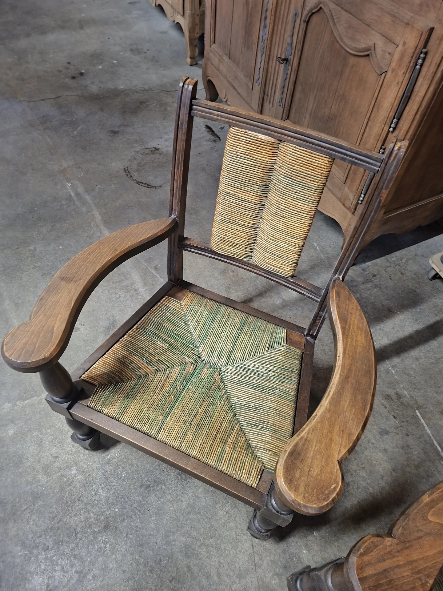 Brutalist pair of rustic turned wooden armchairs from the 1950s.