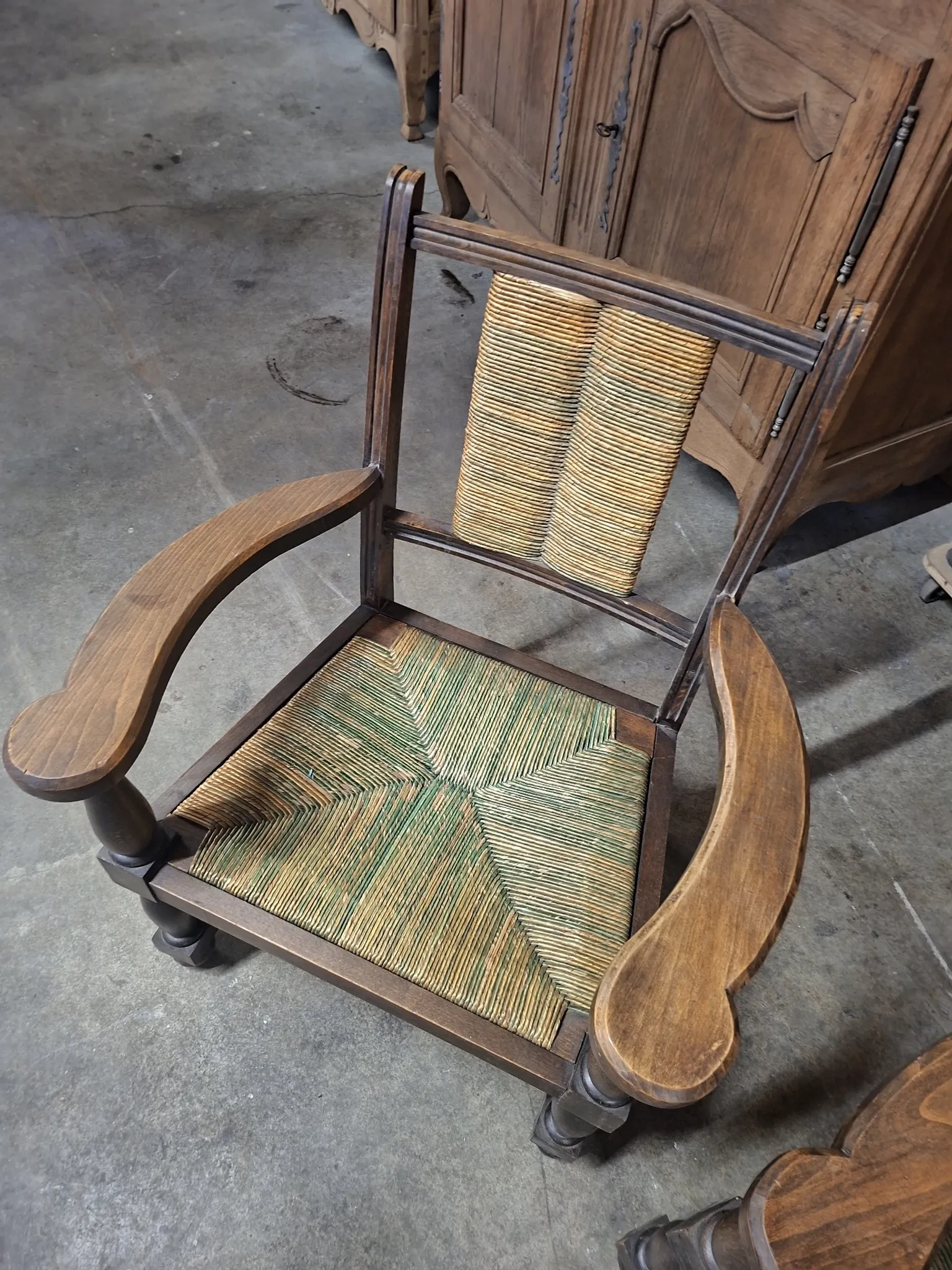 Brutalist pair of rustic turned wooden armchairs from the 1950s.