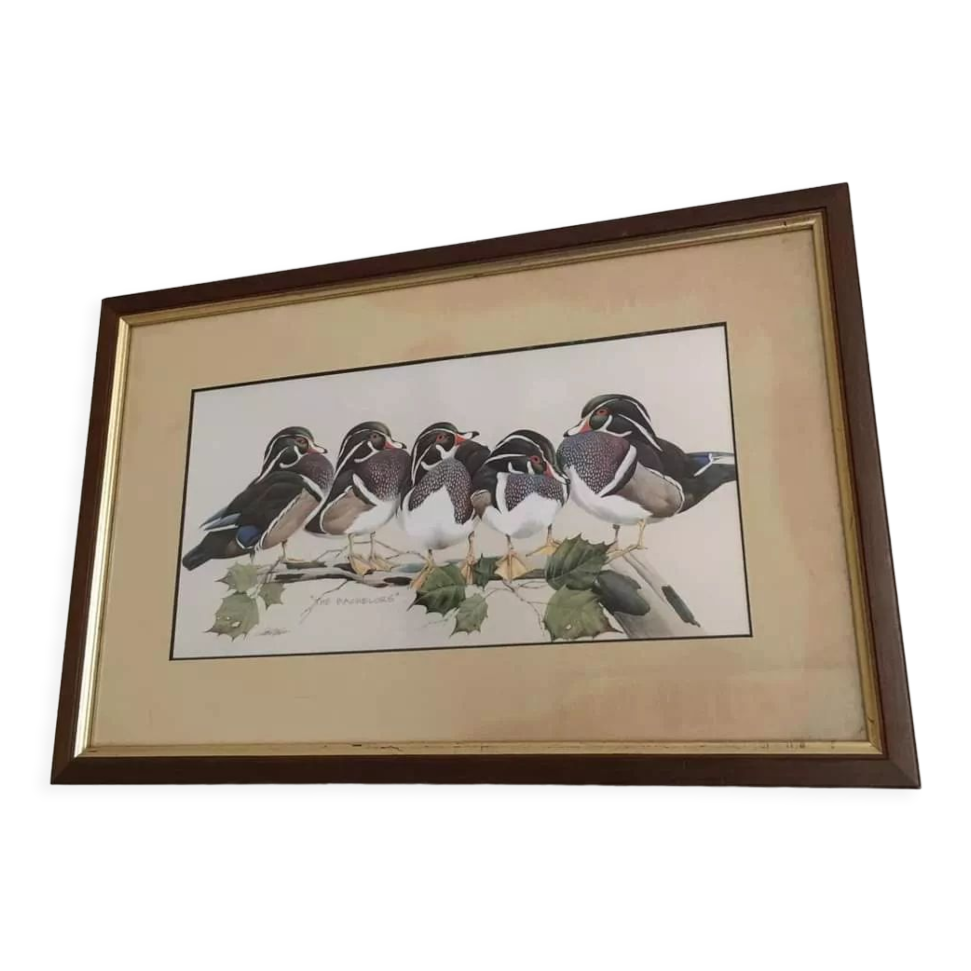 Painting of birds "the Bachelors" by Art Lamay. Impression of birds. Wooden frame and gilded edging