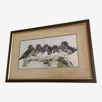 Painting of birds "the Bachelors" by Art Lamay. Impression of birds. Wooden frame and gilded edging