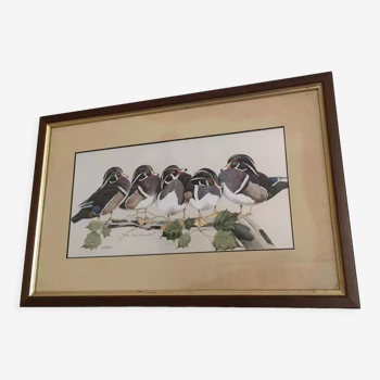 Tableau d oiseaux "the Bachelors" par Art Lamay. Impression d’oiseaux. Cadre en bois et liserés dorés