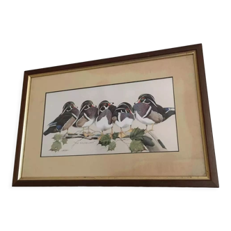 Tableau d oiseaux "the Bachelors" par Art Lamay. Impression d’oiseaux. Cadre en bois et liserés dorés