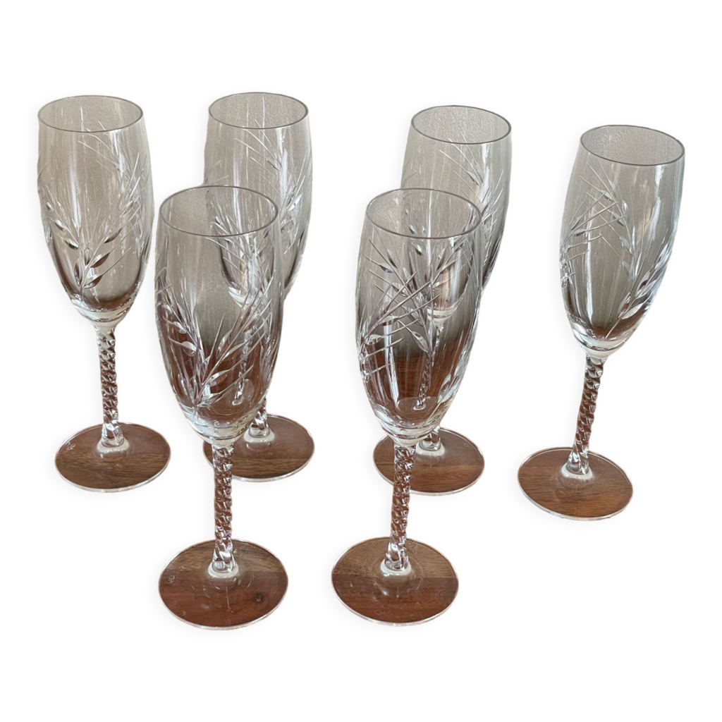 6 flûtes décor épi de blé en cristal Selency