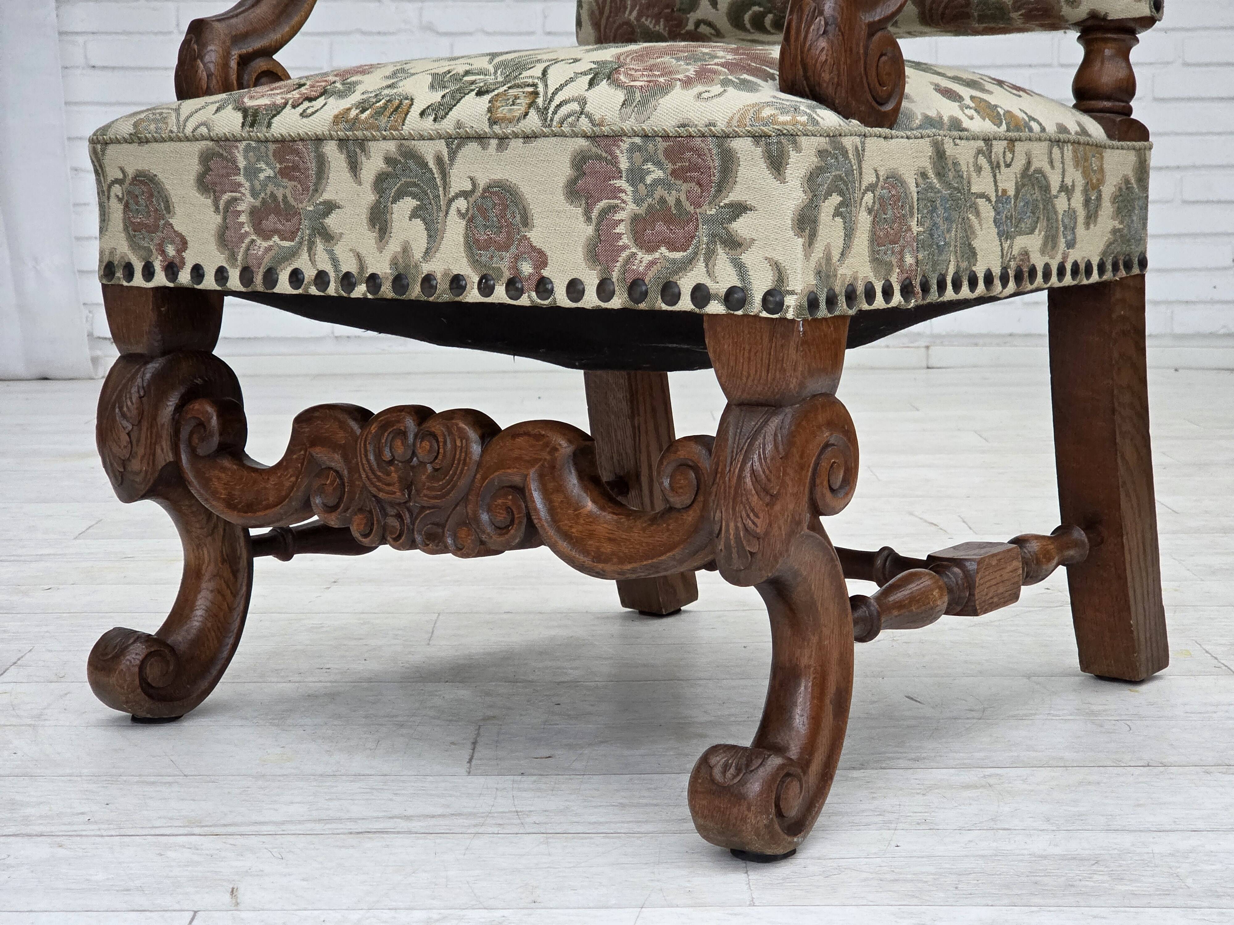 1950s, Scandinavian highback armchair, furniture fabric, oak wood.