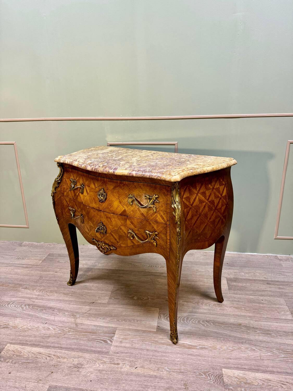 Curved sauteuse commode in stamped marquetry louis xv style xix eme century