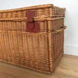 Vintage wicker trunk with burgundy metal closures