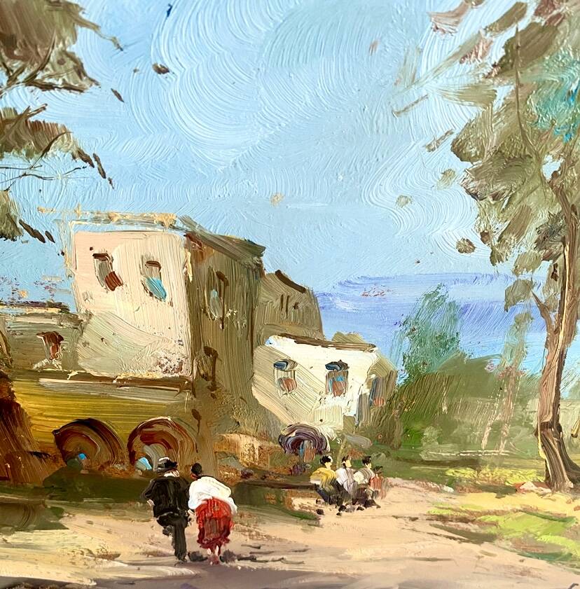 Huile 1950 mise sous verr, cadre bois doré