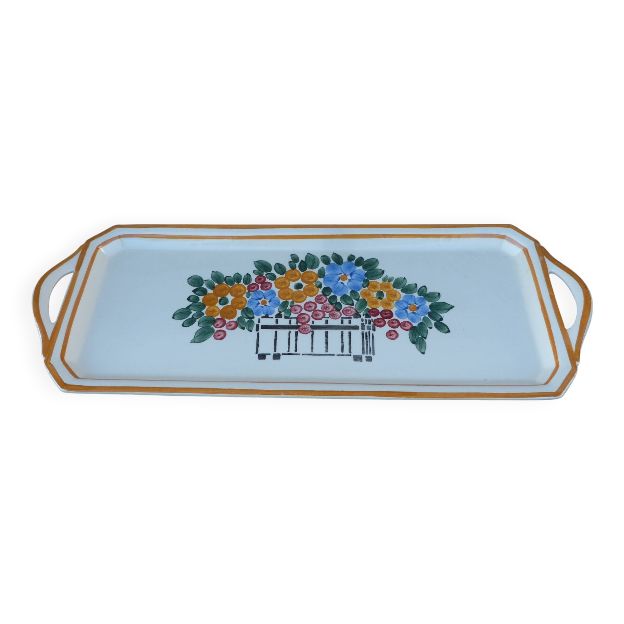 Vintage Long Ceramic Dish Art Deco Flowers