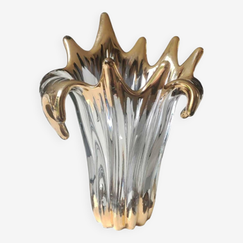 Old Bayel Royal Crystal Vase. Aquatic floral form. 18 c gold finishes. 1950s. Height 24.5 cm