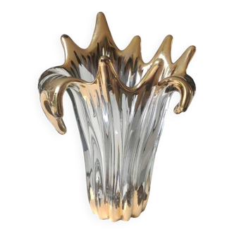 Ancien Vase Cristallerie Royale de Bayel. Forme florale aquatique. Finitions or 18 c. Années 50. Haut 24,5 cm
