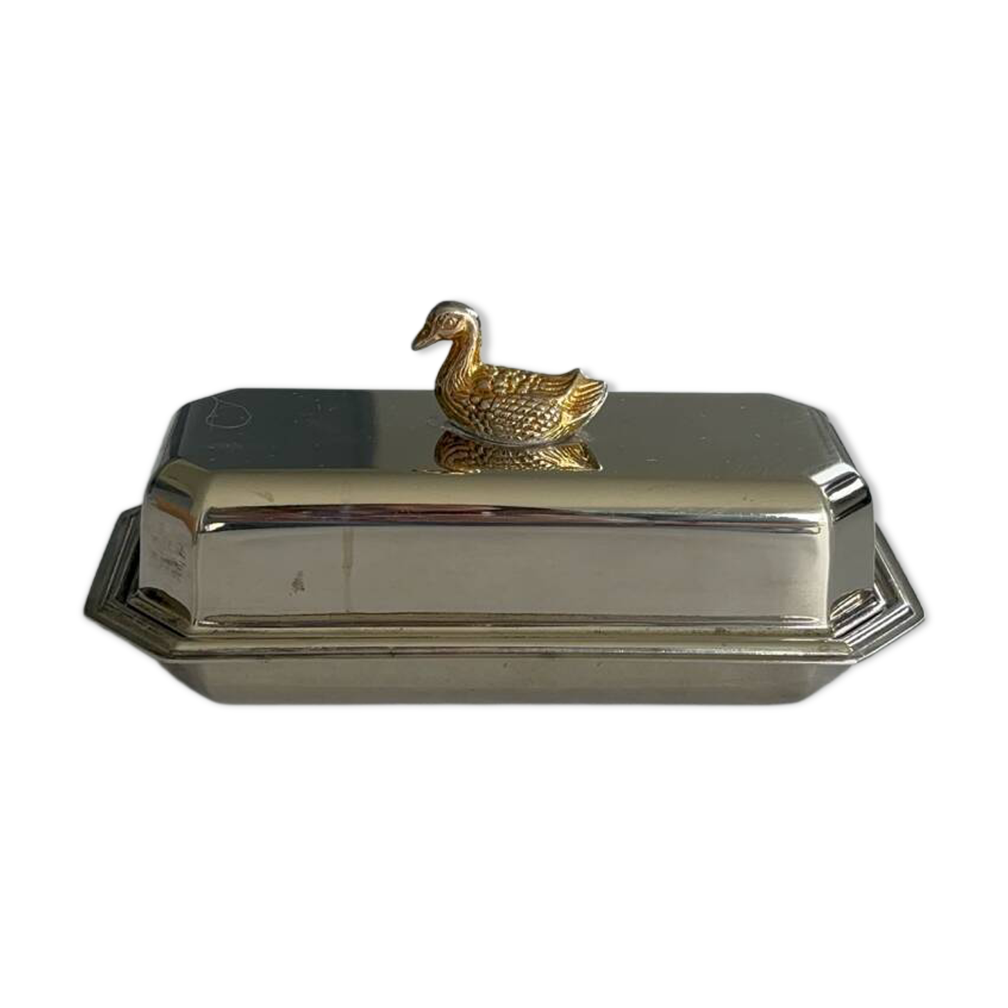 Beurrier vintage en métal argenté avec canard doré