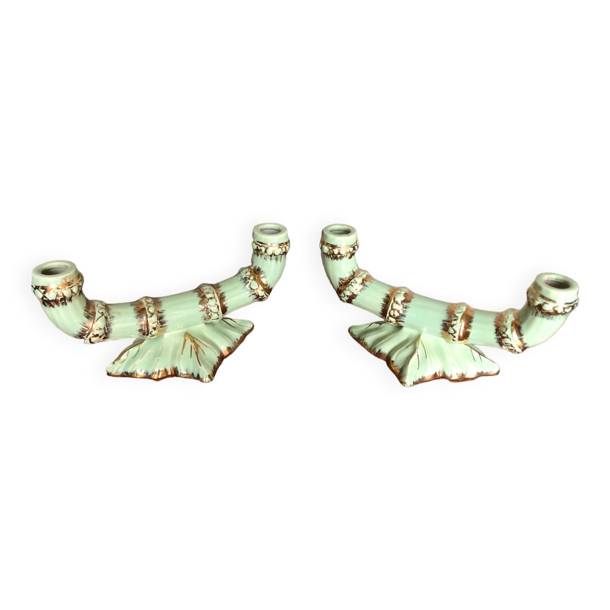 Old pair of double ceramic candlesticks green & gold vintage #A270