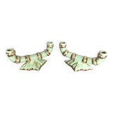 Old pair of double ceramic candlesticks green & gold vintage #A270