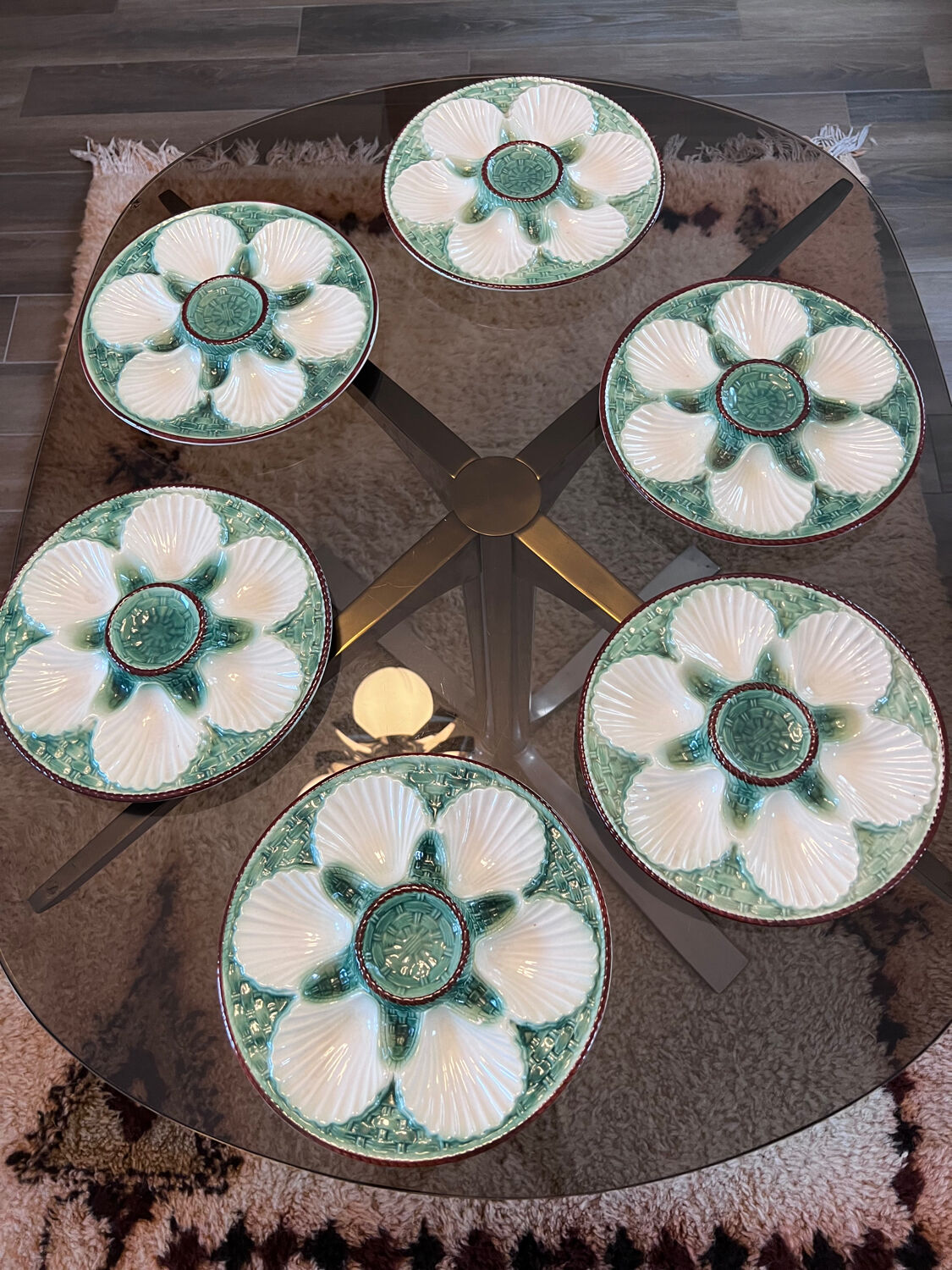 6 vintage slip oyster plates