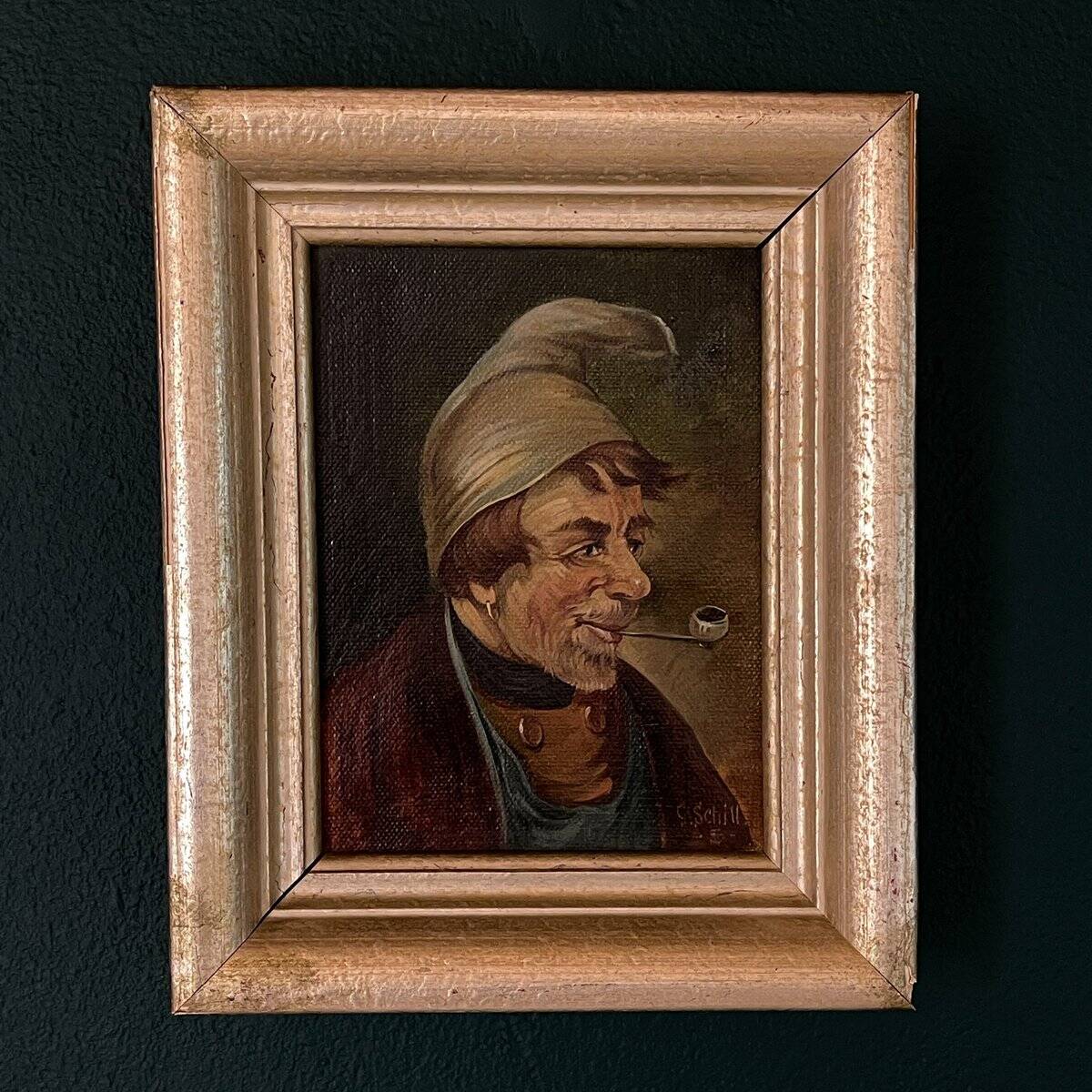 G. Schill, Portrait of a man in a nightcap with a pipe, 1930s, oil on canvas, framed