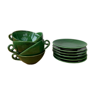 Set of small bowls and saucers, jade green, in Chevreuse sandstone