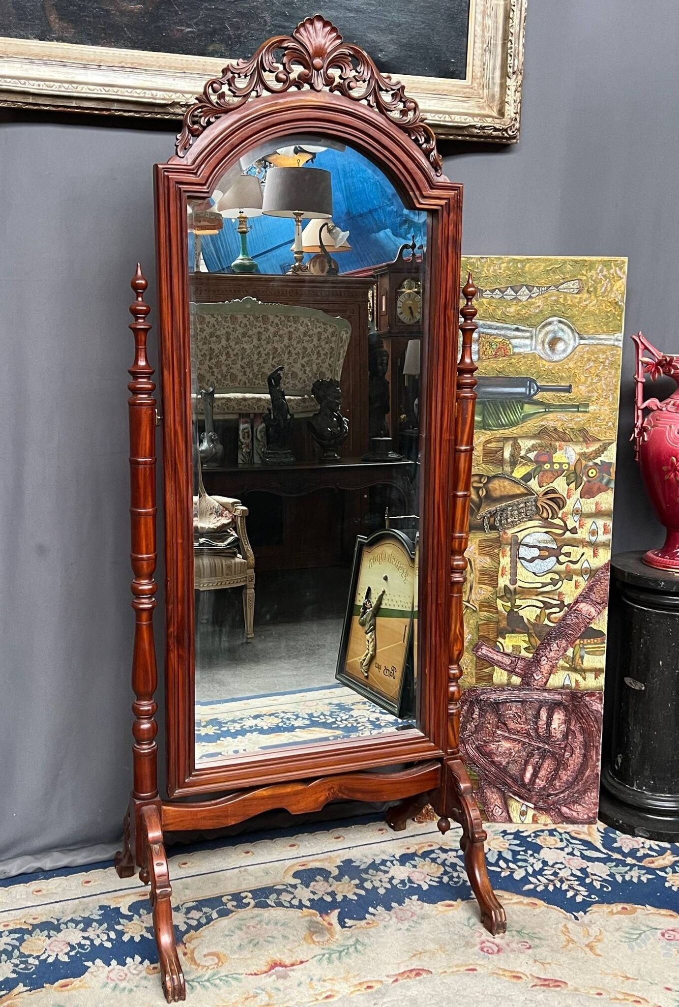 Psyche mirror. Carved solid mahogany.
