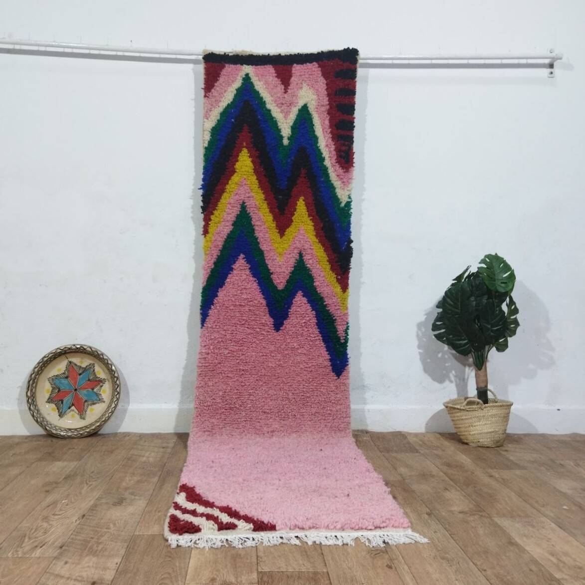 Moroccan Berber hallway rug in multicoloured pink wool – 275 x 70 cm