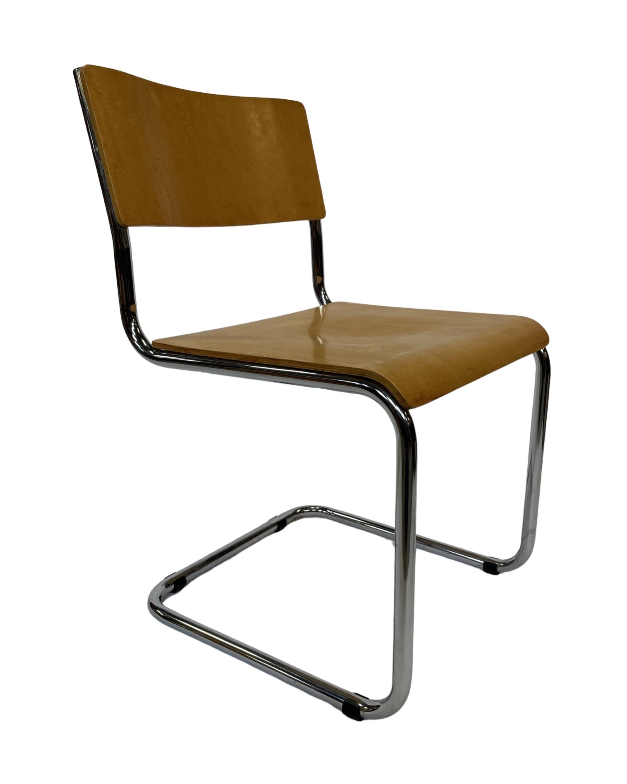 Set of four vintage dining room chairs, wood and chrome,  1970s