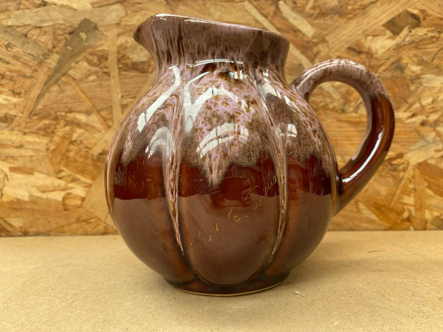 Antique melon pitcher flamed ceramic brown & pink vintage