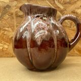 Antique melon pitcher flamed ceramic brown & pink vintage