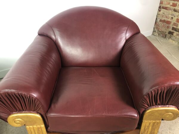 Fauteuils style art déco en bois et cuir bordeaux 1940