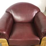 Armchairs (the pair) art deco style in wood and burgundy leather 1940