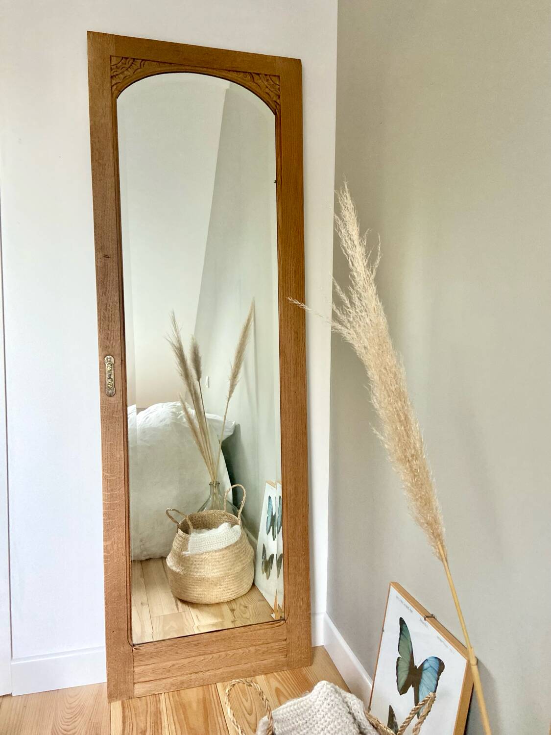 Art Deco bevelled full-length mirror - restored raw oak