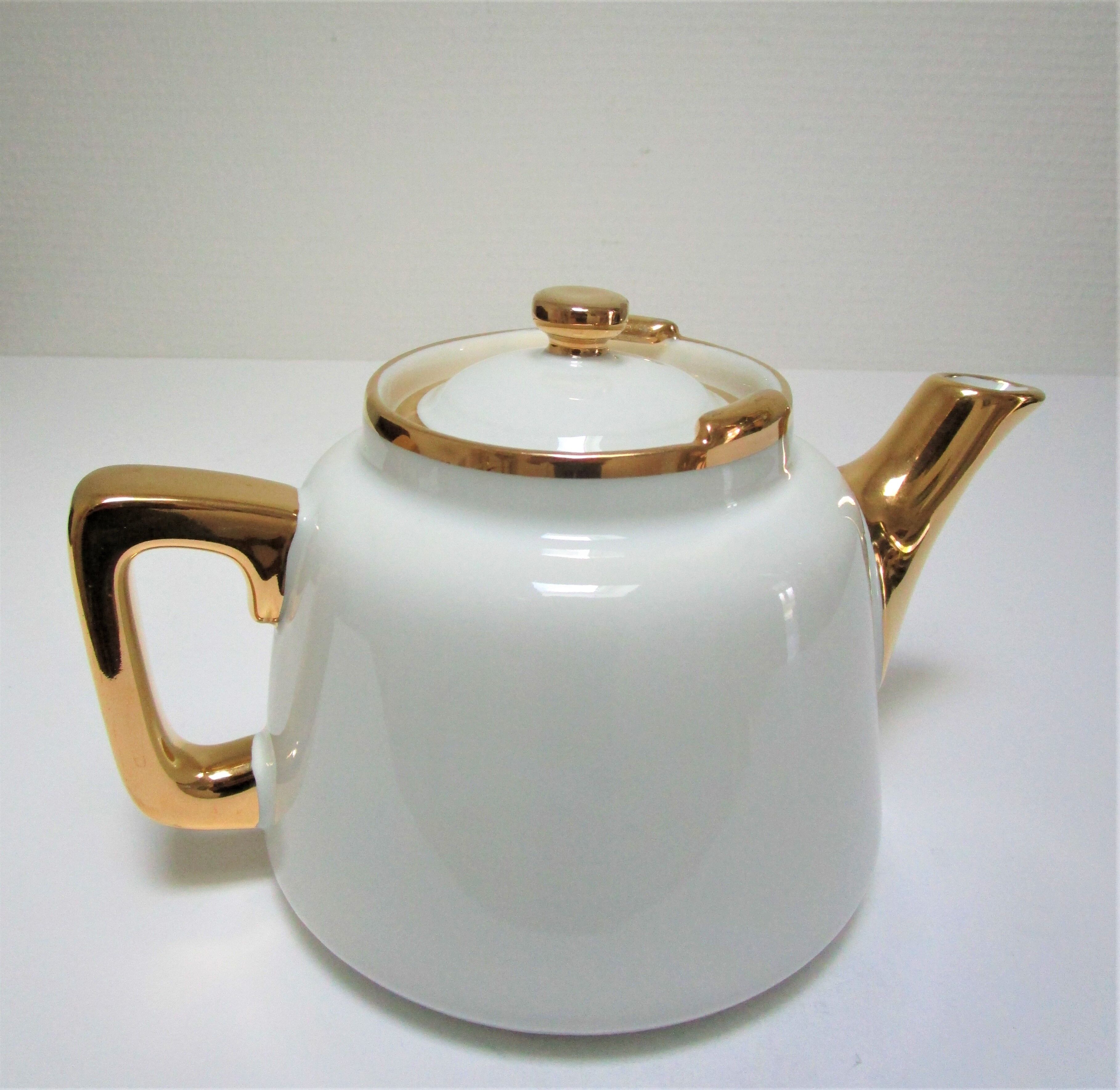 Teapot porcelain white and gold aluminite frugier limoges vintage
