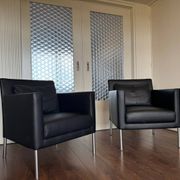 2 fauteuils de salon modernistes allemands en cuir noir et acier de Walter Knoll