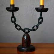 Sculpted wooden and wrought iron brutalist double chandelier from the 1960s.