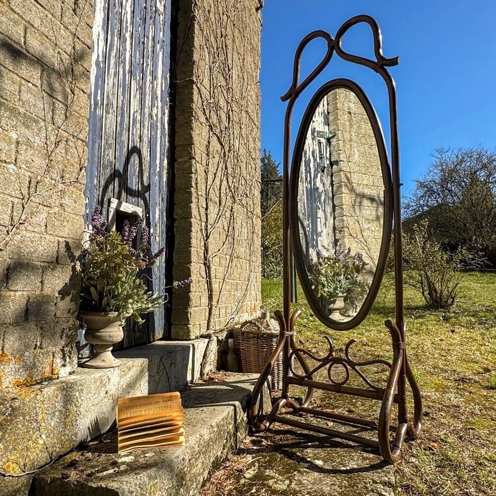 1960s curved wooden cheval mirror