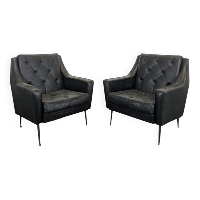 Paire de fauteuils design italien en skaï noir