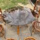 Vintage rattan dining set with glass table, 4 chairs and 4 stools.