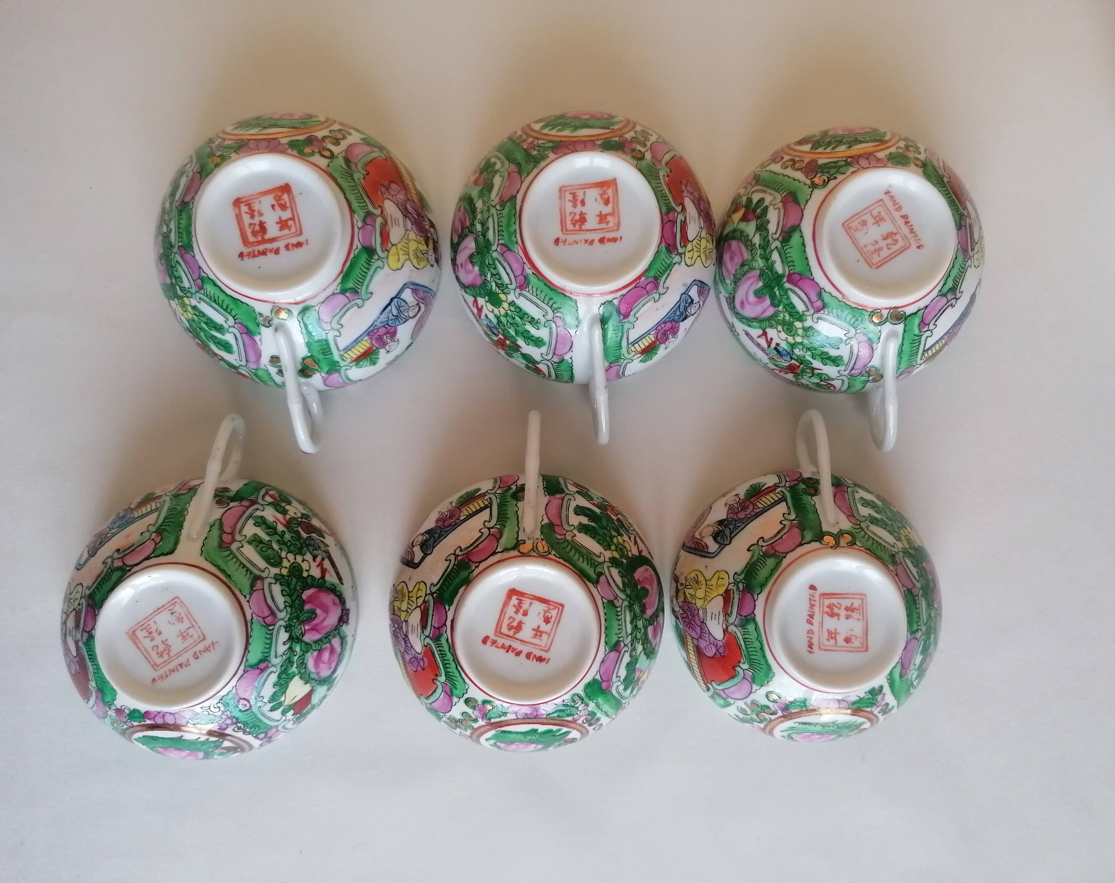 Canton porcelain tea service with 6 cups and teapot.