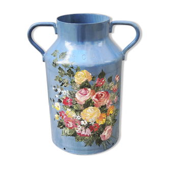 Ancien pot broc bidon à lait en métal peint main