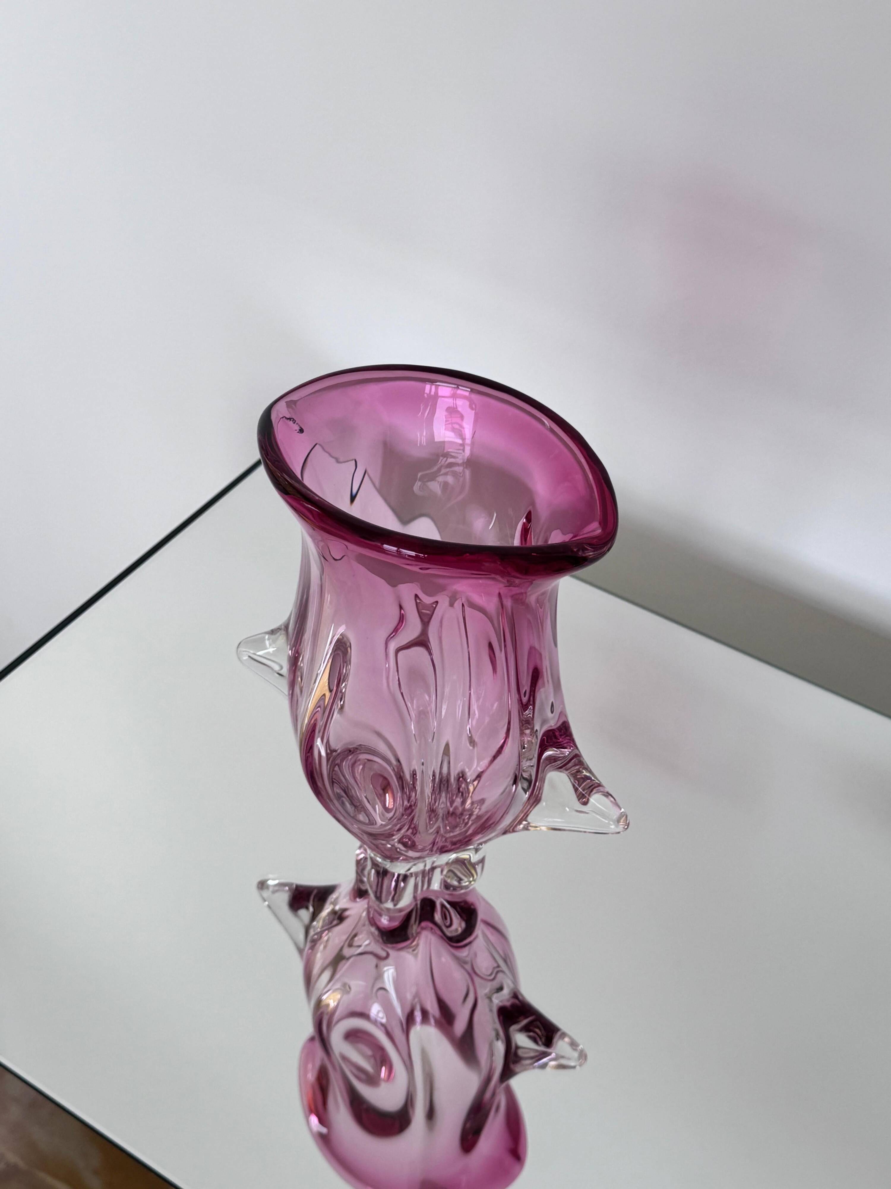 Vase sculptural massif rose, Murano "Sommerso" Artenuove par Pustetto et Zanetti