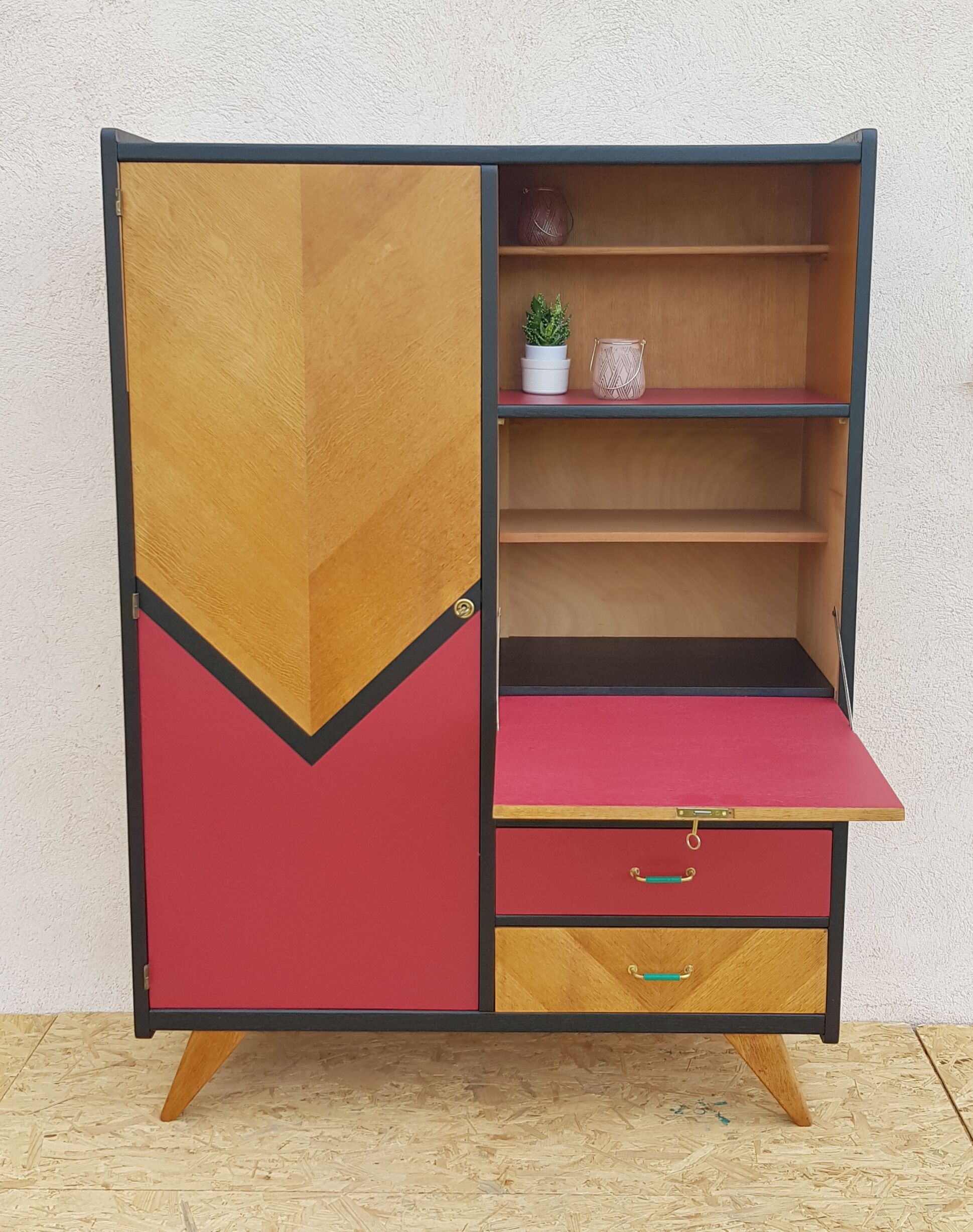 Secrétaire vintage pieds compas scandinave années 60 70 relooké